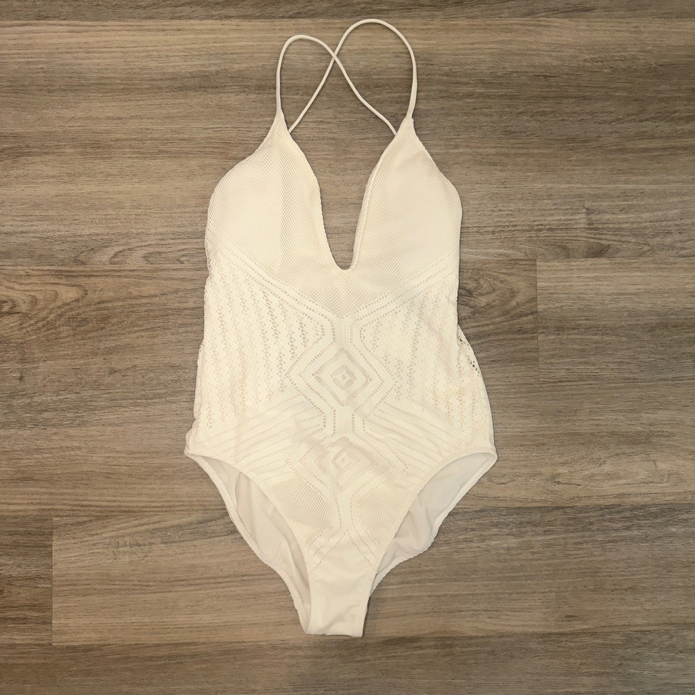 Polo Ralph Lauren Cream Crochet One‎ Piece Swimsuit RL7PD09 NWT L